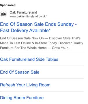 Oak Furnitureland ad — End of Season Sale ends Sunday, fast delivery available