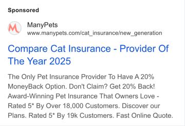 ManyPets ad — Provider of the Year 2025 with 20% money-back option