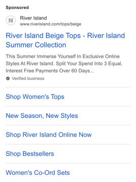 River Island ad — Exclusive online styles with interest-free split payments