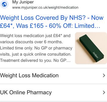 Juniper ad — Weight loss medication covered by NHS, now 60% off