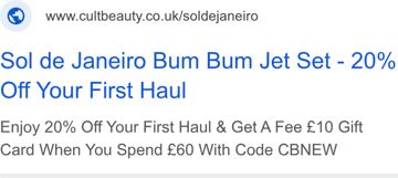 Cult Beauty ad — 20% off your first haul plus free £10 gift card