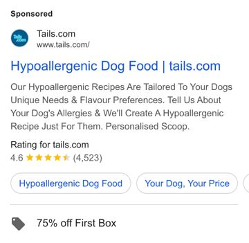 tails.com ad — 75% off first box of personalised hypoallergenic dog food
