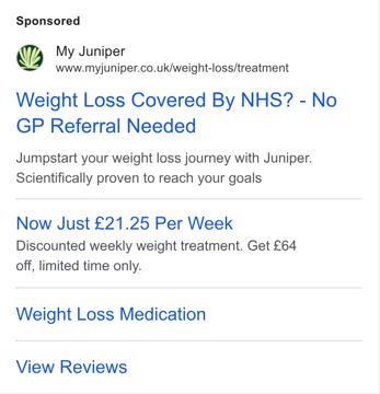 Juniper ad — Scientifically proven weight loss, no GP referral needed