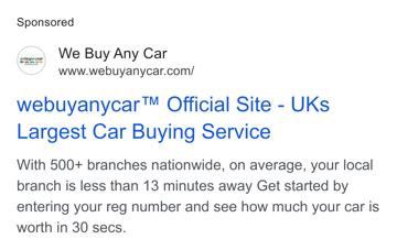 We Buy Any Car ad — UK's largest car buying service, valuation in 30 secs