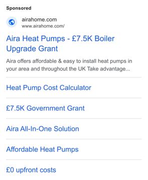 Aira ad — Affordable heat pumps with £7.5K government boiler upgrade grant