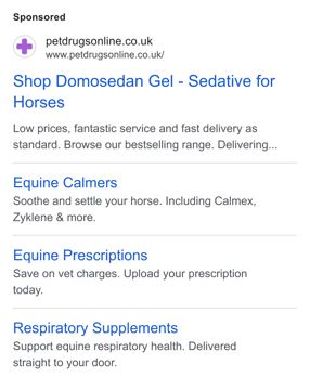 Pet Drugs Online ad — Low prices, fast delivery on equine meds and supplements