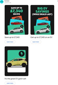 carwow ad — Save up to £7,340 on EVs while deals last