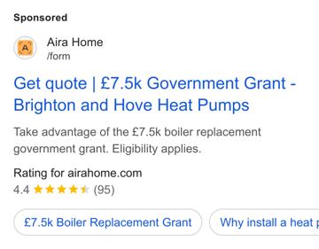 Aira ad — Get a quote and claim £7.5k government boiler replacement grant