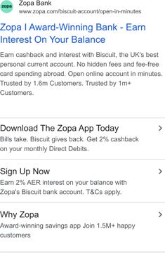 Zopa ad — Award-winning bank — earn interest and cashback on balance