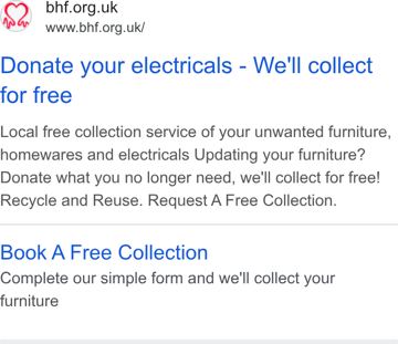 British Heart Foundation ad — Donate your electricals — we'll collect for free