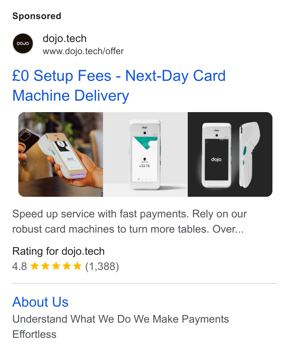 Dojo ad — Zero setup fees, next-day card machine delivery