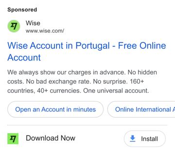 Wise ad — Free online account, no hidden costs, 160+ countries