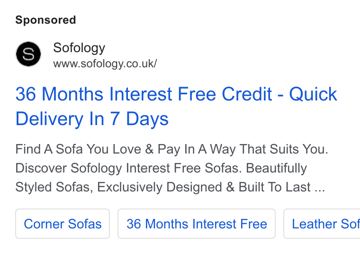 Sofology ad — 36 months interest free credit, quick delivery in 7 days
