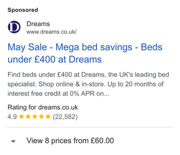 Dreams ad — May Sale mega bed savings, beds under £400