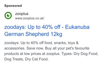 Zooplus ad — Up to 40% off food, snacks, toys and accessories