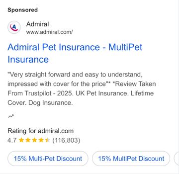 Admiral ad — MultiPet insurance with 15% multi-pet discount