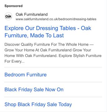 Oak Furnitureland ad — Oak furniture dressing tables, made to last