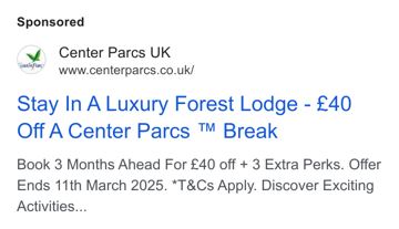 Center Parcs ad — Stay in a luxury forest lodge, £40 off a break