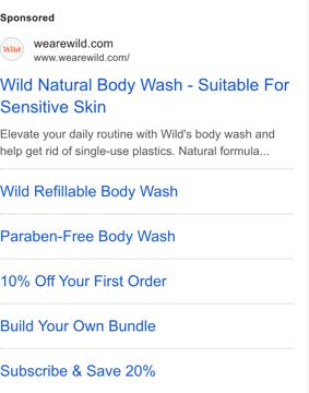 Wild ad — Natural refillable body wash, sensitive skin, 10-20% off