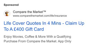 Compare the Market ad — Get life cover quotes in 4 mins, claim £400 gift card