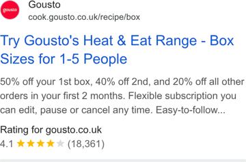 Gousto ad — 50% off first box, flexible subscription cancel anytime