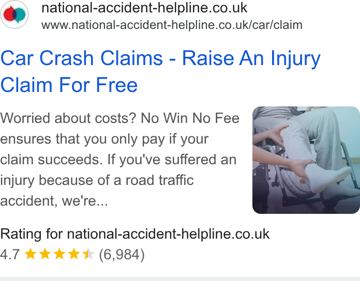 National Accident Helpline ad — raise a car crash injury claim for free, no win no fee