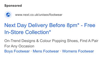 Next ad — Next day delivery before 8pm, free in-store collection