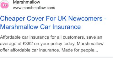 Marshmallow ad — Cheaper car cover for UK newcomers, save £392 average