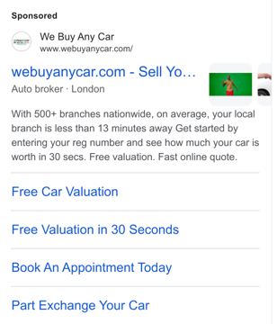 We Buy Any Car ad — Free car valuation in 30 seconds, 500+ branches