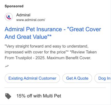 Admiral ad — Great cover and great value pet insurance