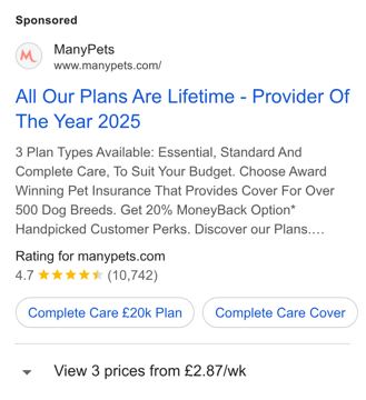 ManyPets ad — Award-winning lifetime pet insurance from £2.87/wk