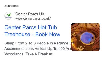 Center Parcs ad — Book a hot tub treehouse sleeping 2 to 8 people