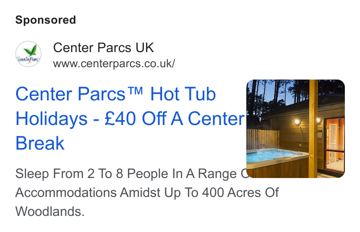 Center Parcs ad — £40 off a Center Parcs hot tub break