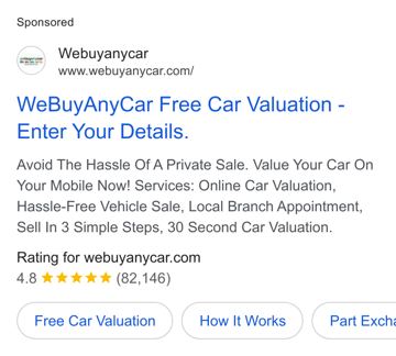 We Buy Any Car ad — Get a free car valuation, avoid hassle of private sale