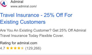 Admiral ad — 25% off travel insurance for existing customers