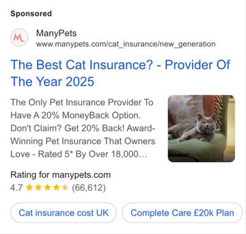 ManyPets ad — Best cat insurance with 20% money-back if no claim