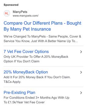 ManyPets ad — Only UK provider with 20% MoneyBack if you don't claim