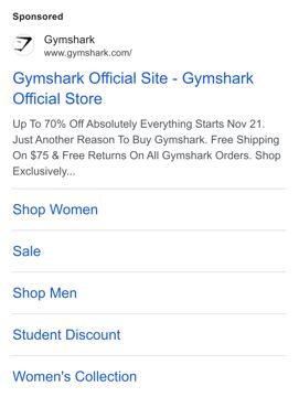 Gymshark ad — Up to 70% off everything, free shipping and returns