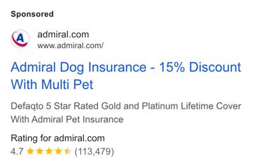 Admiral ad — 15% discount on dog insurance with multi pet