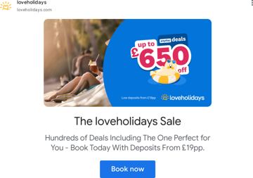 loveholidays ad — Up to £650 off holidays with low deposits from £19pp