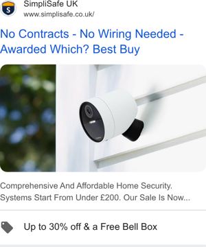 SimpliSafe ad — No contracts, no wiring — affordable home security from under £200