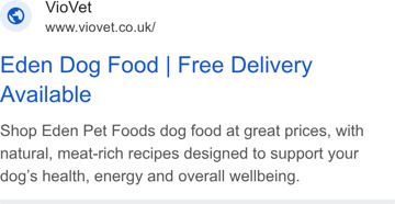 VioVet ad — Eden Dog Food with free delivery at great prices