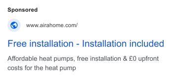Aira ad — Affordable heat pumps, free installation, £0 upfront costs
