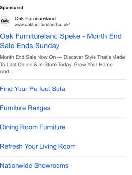 Oak Furnitureland ad — Month End Sale ends Sunday — shop online or in-store