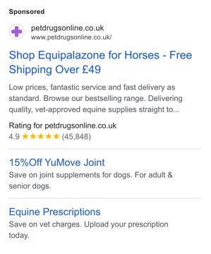Pet Drugs Online ad — Free shipping over £49, low prices, vet-approved pet supplies