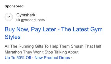 Gymshark ad — Buy now pay later, latest gym styles up to 50% off
