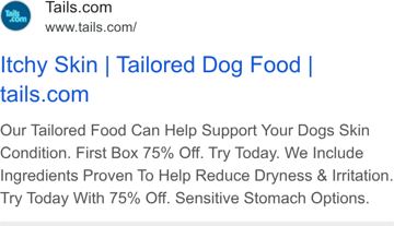 tails.com ad — Tailored dog food for itchy skin, first box 75% off