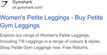 Gymshark ad — Explore petite gym leggings in colours and styles, free returns