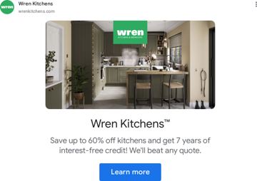 Wren Kitchens ad — Save up to 60% off kitchens with 7 years interest-free credit