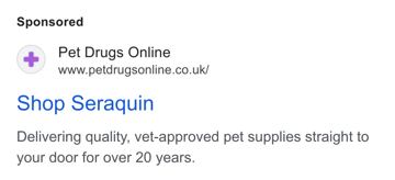 Pet Drugs Online ad — Vet-approved pet supplies delivered for over 20 years